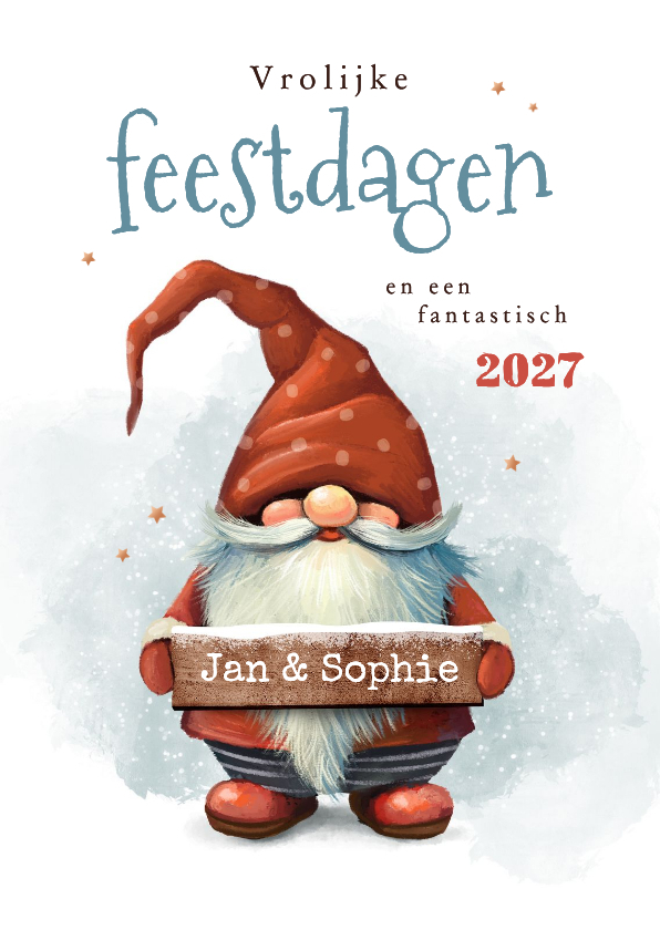 Kerstkaart kabouter winter sneeuw hout waterverf illustratie - Kerstkaarten Kerstkaarten - Kerstkaart kabouter winter sneeuw hout waterverf illustratie