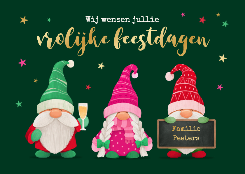 Kerstkaarten - Kerstkaart kabouters vrolijke feestdagen sterretjes