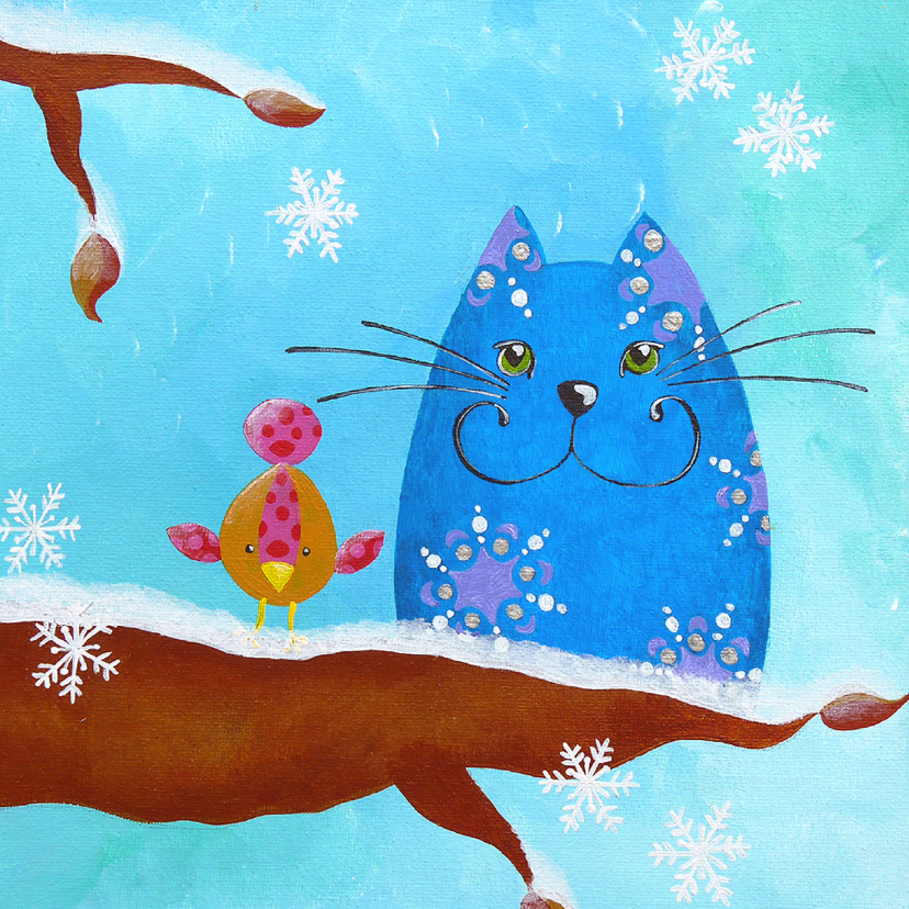 Kerstkaart Kat en Vogeltje in de winter - Kerstkaarten Kerstkaarten - Kerstkaart Kat en Vogeltje in de winter