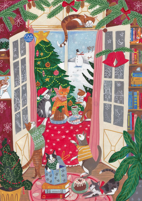 Kerstkaart katten gezellig in de woonkamer bij de kerstboom - Kerstkaarten Kerstkaarten - Kerstkaart katten gezellig in de woonkamer bij de kerstboom