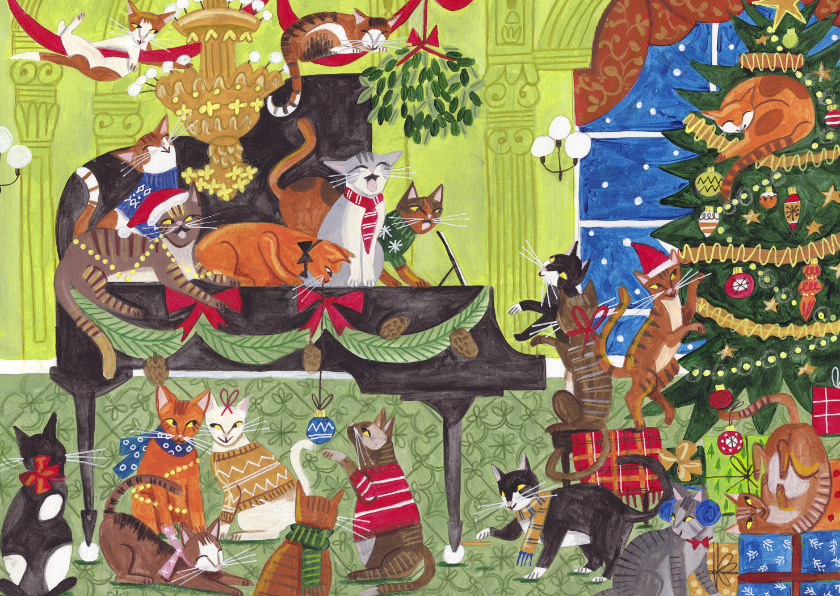 Kerstkaarten - Kerstkaart katten muziek piano feest illustratie