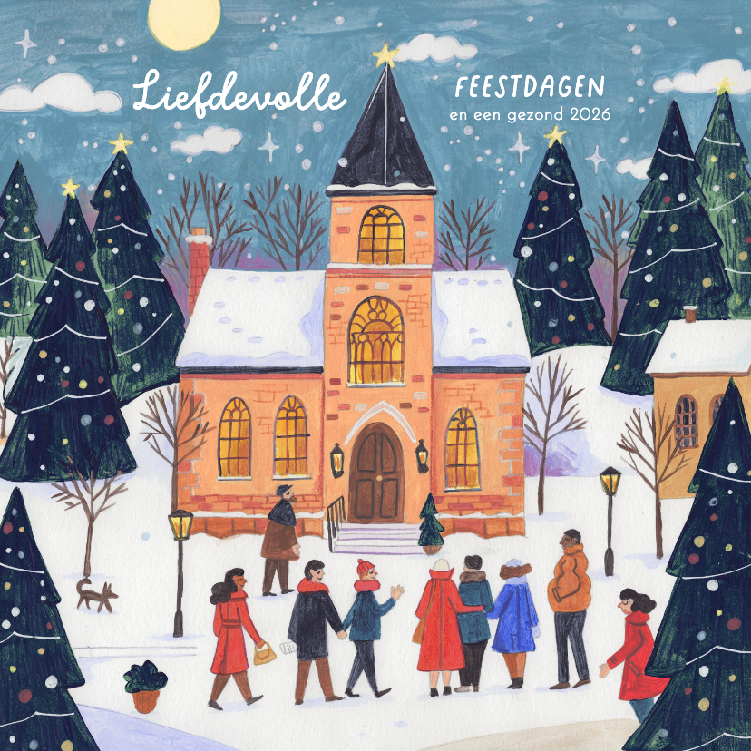 Kerstkaart kerkje en kerstbomen in de sneeuw - Kerstkaarten Kerstkaarten - Kerstkaart kerkje en kerstbomen in de sneeuw