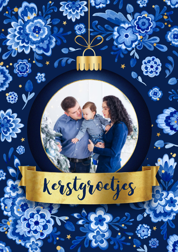 Kerstkaarten - Kerstkaart kerstbal delfts blauwe bloemen kerstgroetjes