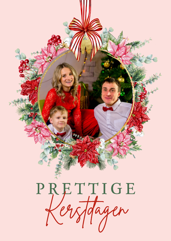 Kerstkaarten - Kerstkaart kerstbal met strik en bloemen