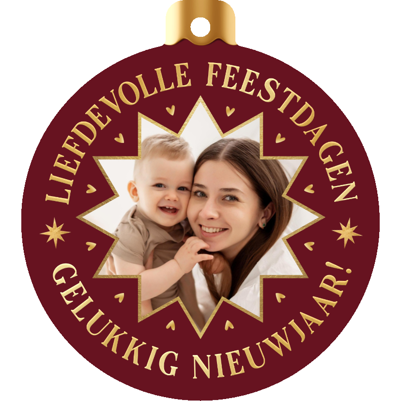 Kerstkaarten - Kerstkaart kerstbal vorm foto in ster liefdevol hartjes goud