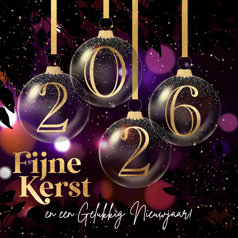 Kerstkaarten - Kerstkaart kerstballen 2026 paars rood licht