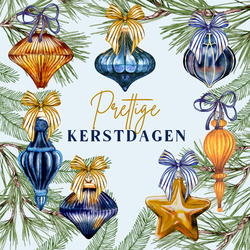Kerstkaarten - Kerstkaart kerstballen aan dennentakken