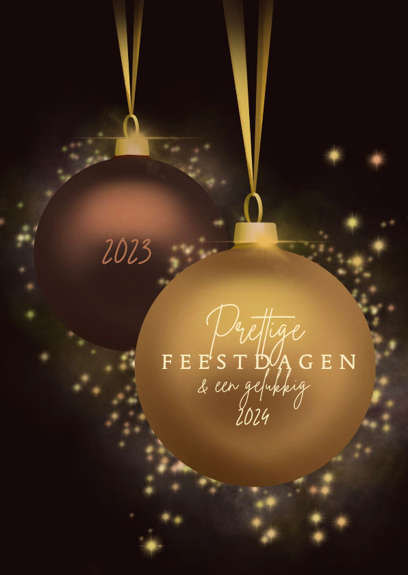 Kerstkaart kerstballen met glitter goudbruin Kaartje2go