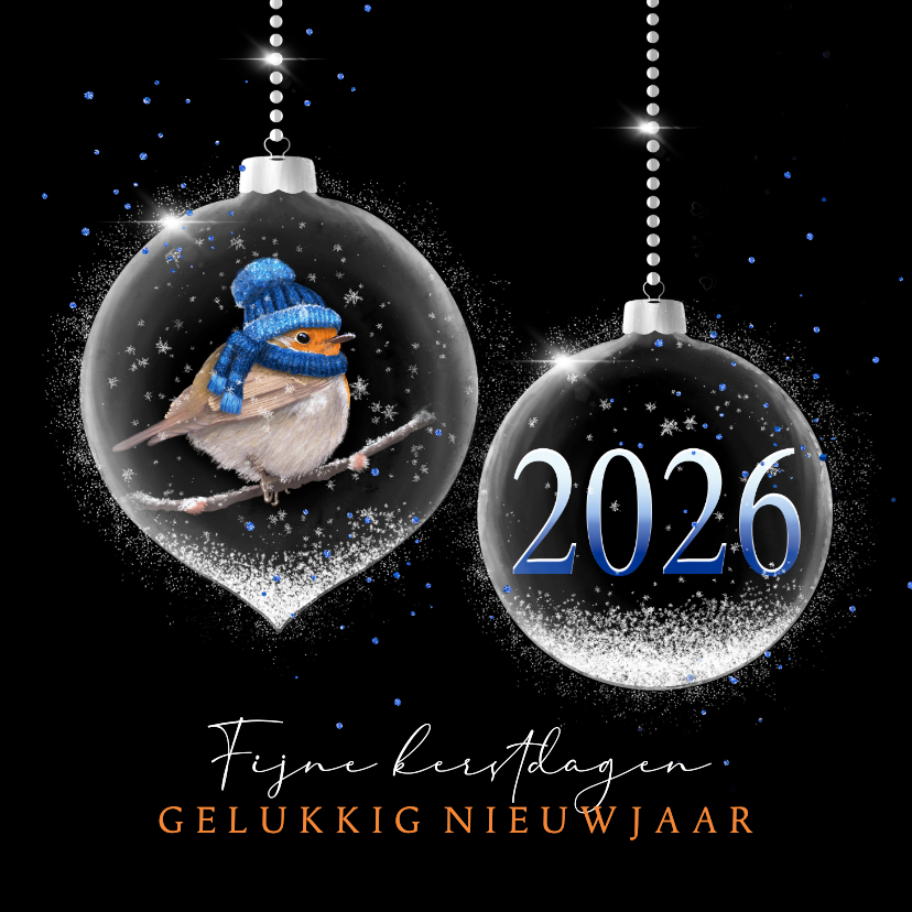 Kerstkaart kerstballen zilver roodborst met foto - Kerstkaarten Kerstkaarten - Kerstkaart kerstballen zilver roodborst met foto