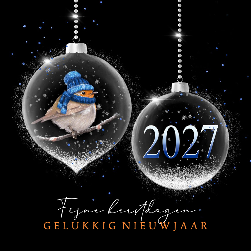 Kerstkaart kerstballen zilver roodborst met foto - Kerstkaarten Kerstkaarten - Kerstkaart kerstballen zilver roodborst met foto