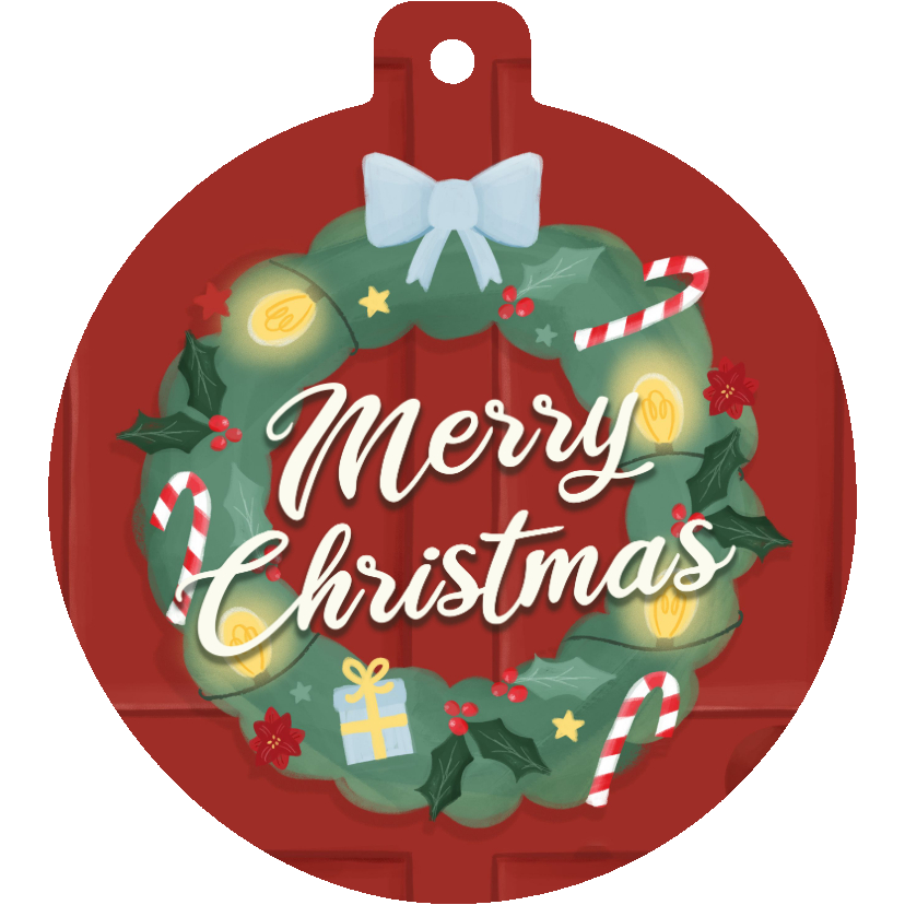 Kerstkaart kerstbalvorm kerstkrans strik merry christmas - Kerstkaarten Kerstkaarten - Kerstkaart kerstbalvorm kerstkrans strik merry christmas