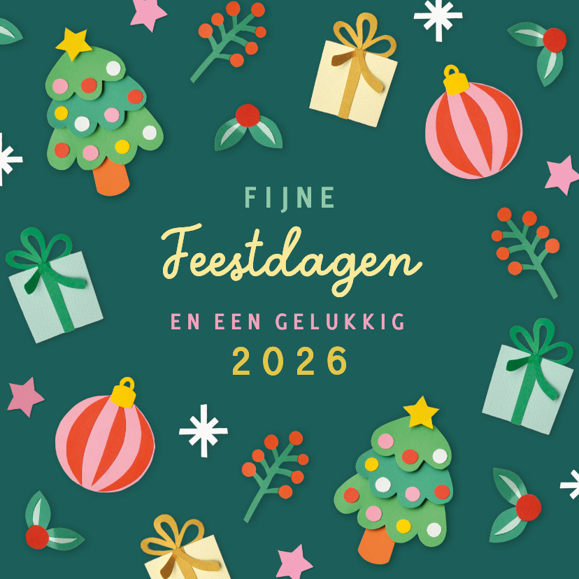 Kerstkaart kerstbomen en cadeautjes donkergroen - Kerstkaarten Kerstkaarten - Kerstkaart kerstbomen en cadeautjes donkergroen