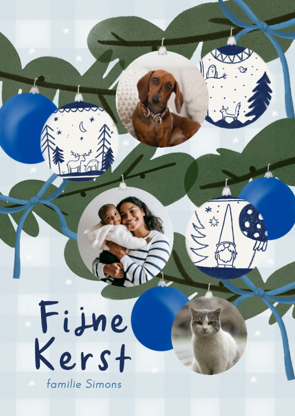 Kerstkaart kerstboom fotocollage kerstballen strikken - Kerstkaarten Kerstkaarten - Kerstkaart kerstboom fotocollage kerstballen strikken