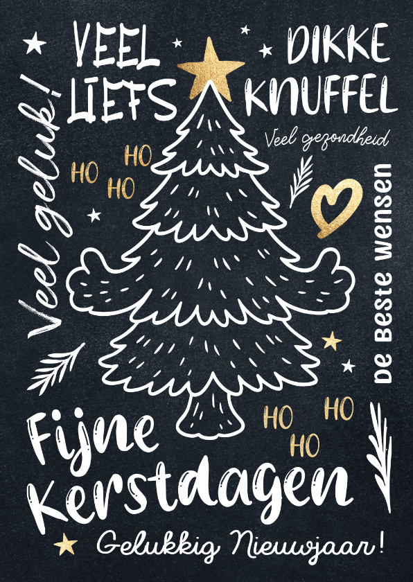 Kerstkaarten - Kerstkaart kerstboom goud op krijtbord