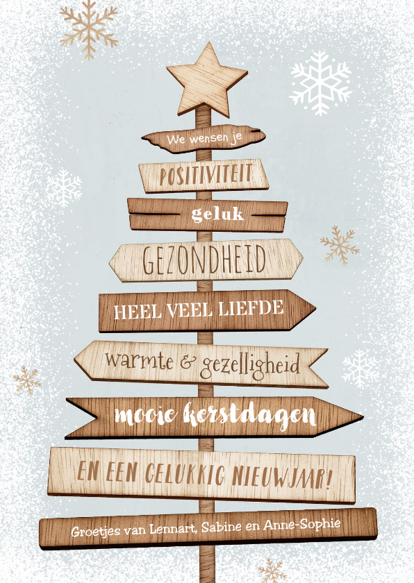 Kerstkaart kerstboom hout wegwijzers ster sneeuw winter - Kerstkaarten Kerstkaarten - Kerstkaart kerstboom hout wegwijzers ster sneeuw winter