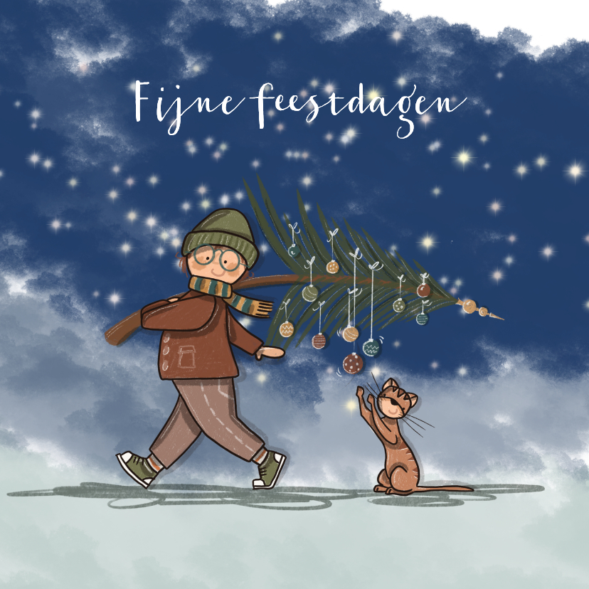 Kerstkaarten - Kerstkaart kerstboom kat