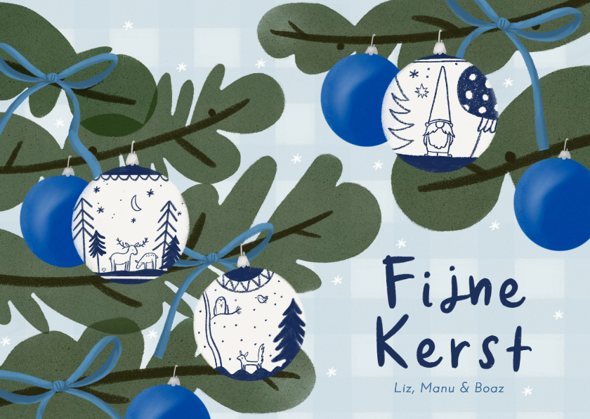 Kerstkaarten - Kerstkaart kerstboom kerstballen blauwe strikken fijne kerst
