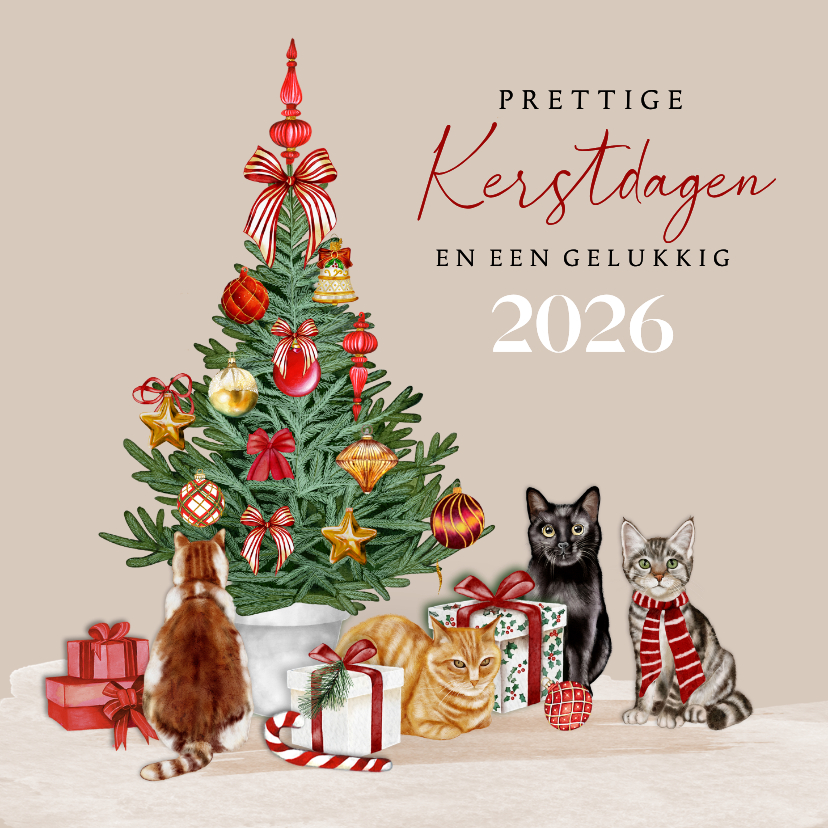 Kerstkaarten - Kerstkaart kerstboom met katten
