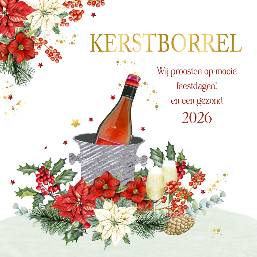 Kerstkaarten - Kerstkaart kerstborrel champagne botanische takken