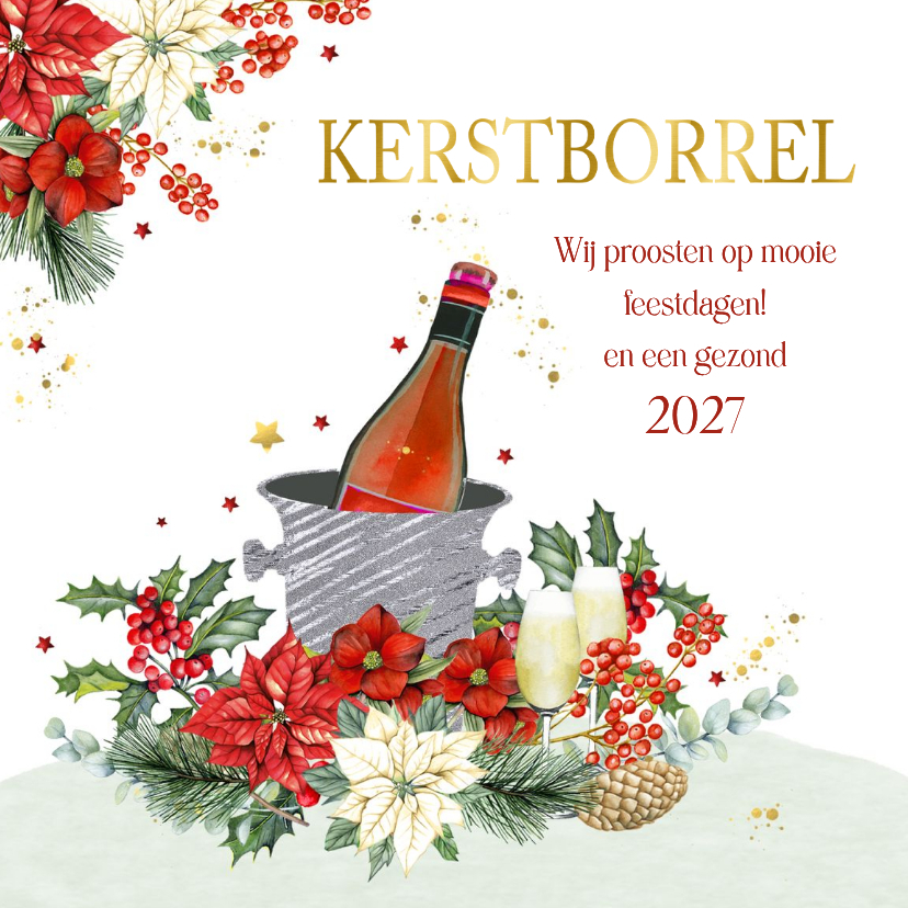 Kerstkaarten - Kerstkaart kerstborrel champagne botanische takken