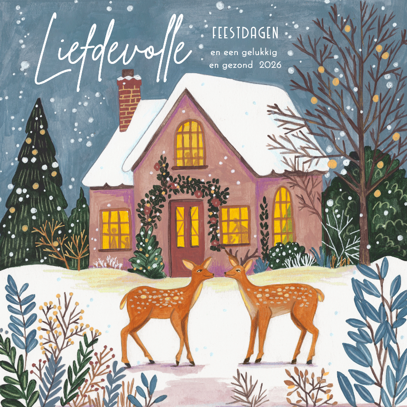 Kerstkaart kersthuisje in de sneeuw met hertjes - Kerstkaarten Kerstkaarten - Kerstkaart kersthuisje in de sneeuw met hertjes