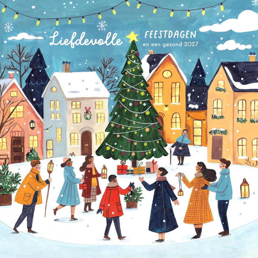 Kerstkaarten - Kerstkaart kersthuisjes en kerstboom in de sneeuw