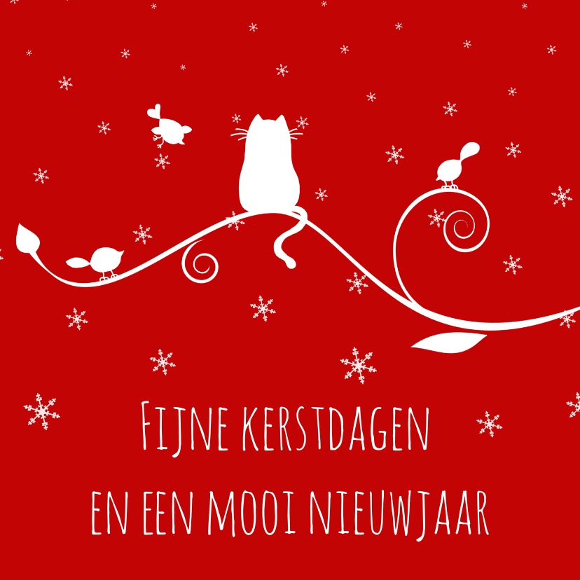 Kerstkaart kerstkat en kerstvogeltjes - Kerstkaarten Kerstkaarten - Kerstkaart kerstkat en kerstvogeltjes