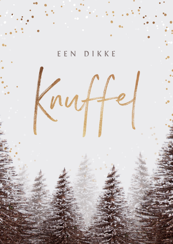 Kerstkaarten - Kerstkaart kerstknuffel winter kerstbomen goud confetti