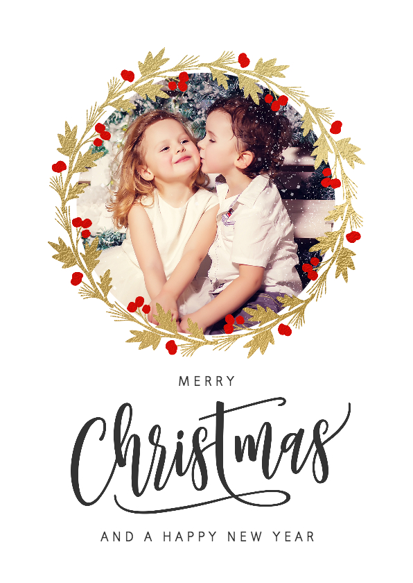 Kerstkaart kerstkrans goud met foto - Kerstkaarten Kerstkaarten - Kerstkaart kerstkrans goud met foto