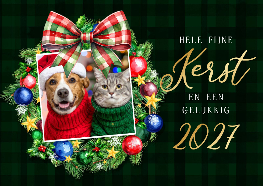 Kerstkaarten - Kerstkaart kerstkrans kerstballen ruiten strik en foto