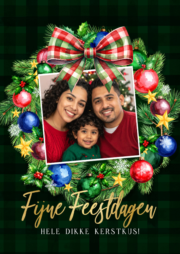 Kerstkaarten - Kerstkaart kerstkrans kerstballen sterren strik en foto