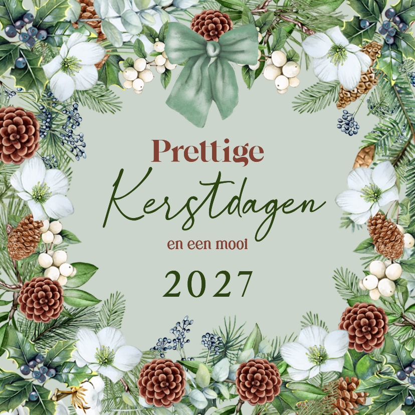 Kerstkaart kerstkrans met groene strik - Kerstkaarten Kerstkaarten - Kerstkaart kerstkrans met groene strik