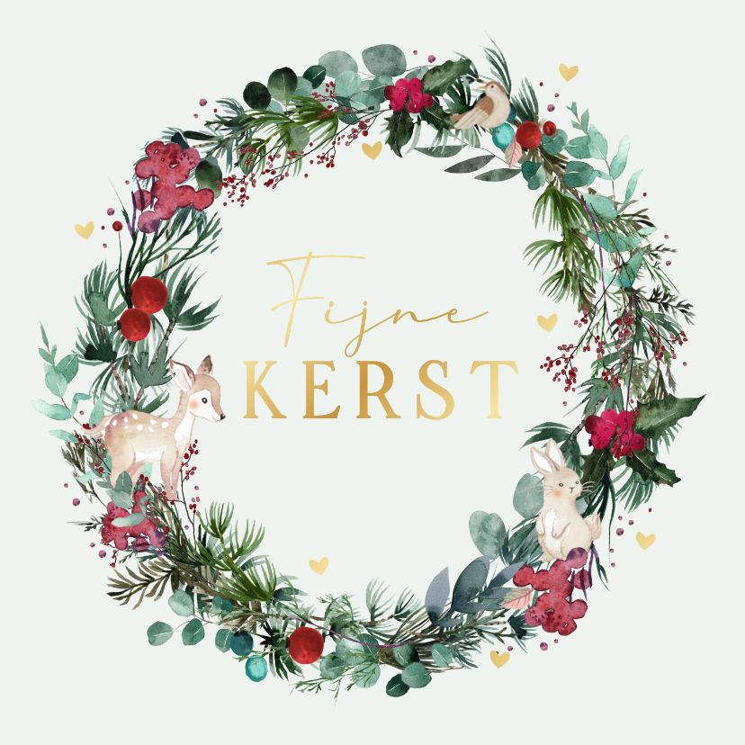 Kerstkaart kerstkrans met hartjes - Kerstkaarten Kerstkaarten - Kerstkaart kerstkrans met hartjes