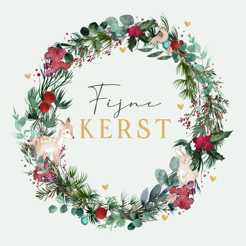Kerstkaarten - Kerstkaart kerstkrans met hartjes 