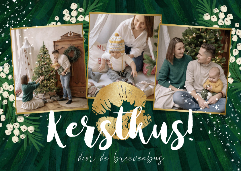 Kerstkaart ‘Kerstkus’ fotocollage kerstboom takken goud - Kerstkaarten Kerstkaarten - Kerstkaart ‘Kerstkus’ fotocollage kerstboom takken goud
