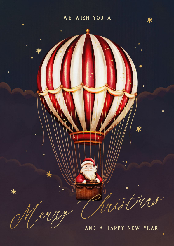 Kerstkaart kerstman in een luchtballon met sterren - Kerstkaarten Kerstkaarten - Kerstkaart kerstman in een luchtballon met sterren