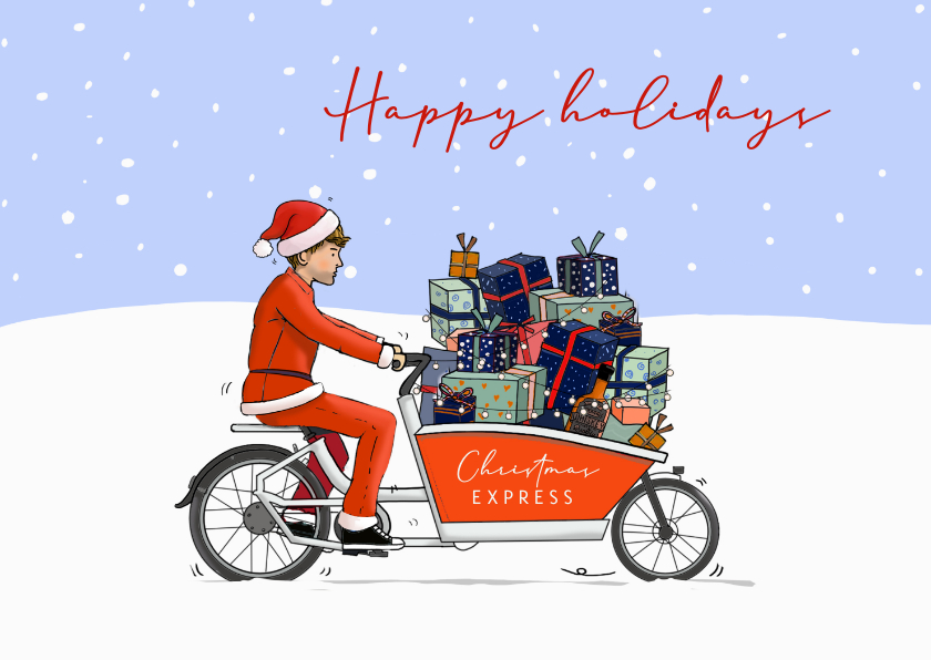 Kerstkaarten - Kerstkaart kerstman op bakfiets