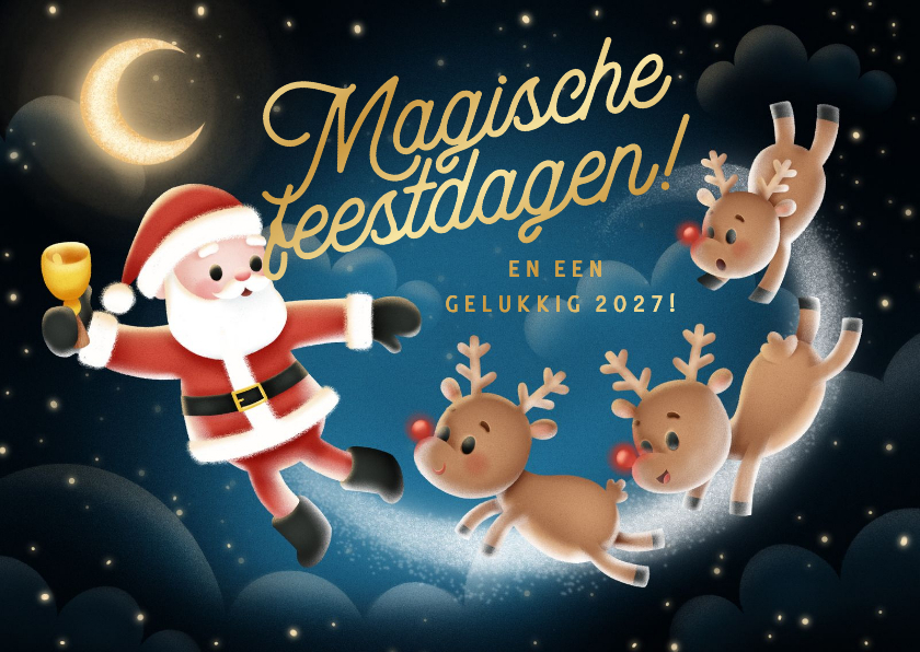 Kerstkaart kerstman rendieren maan 'Magische feestdagen' - Kerstkaarten Kerstkaarten - Kerstkaart kerstman rendieren maan 'Magische feestdagen'