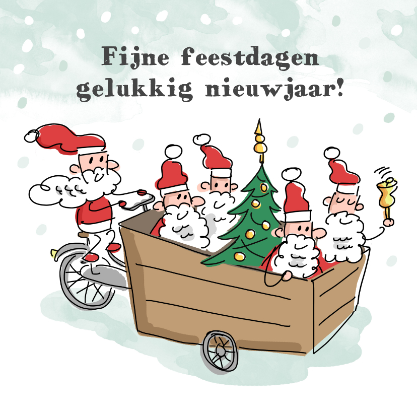 Kerstkaarten - Kerstkaart kerstmannen met kerstboom op een bakfiets