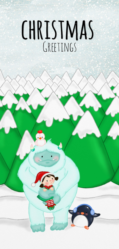 Kerstkaart kerstmis Yeti en kerst elfje - Kerstkaarten Kerstkaarten - Kerstkaart kerstmis Yeti en kerst elfje