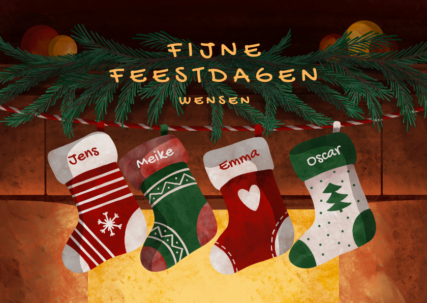 Kerstkaart kerstsokken met naam en openhaard - Kerstkaarten Kerstkaarten - Kerstkaart kerstsokken met naam en openhaard