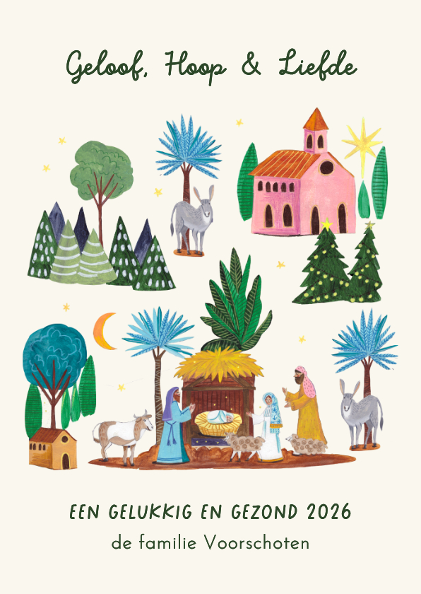 Kerstkaarten - Kerstkaart kerststal met kindje Jezus en kerkje