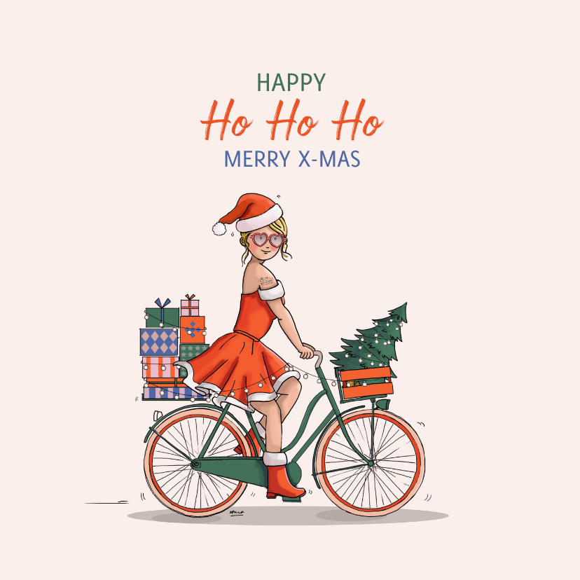 Kerstkaarten - Kerstkaart kerstvrouw op fiets