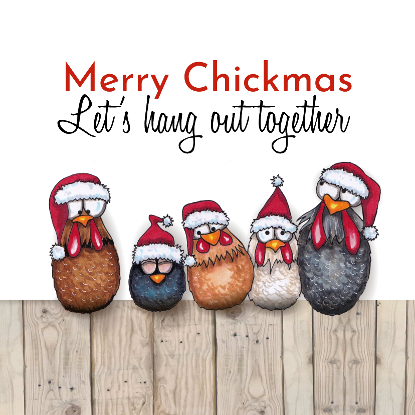 Kerstkaarten - Kerstkaart kippen op stok