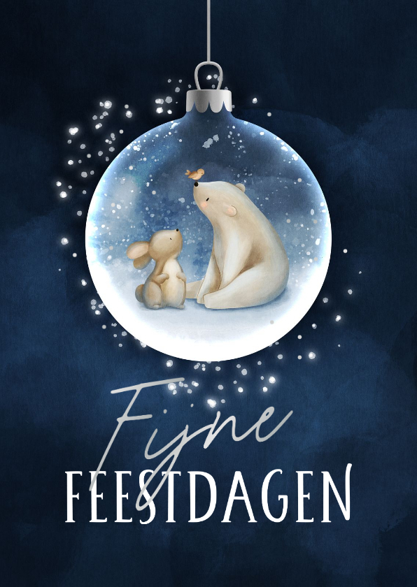 Kerstkaart konijn ijsbeer en vogeltje in glazen kerstbal - Kerstkaarten Kerstkaarten - Kerstkaart konijn ijsbeer en vogeltje in glazen kerstbal