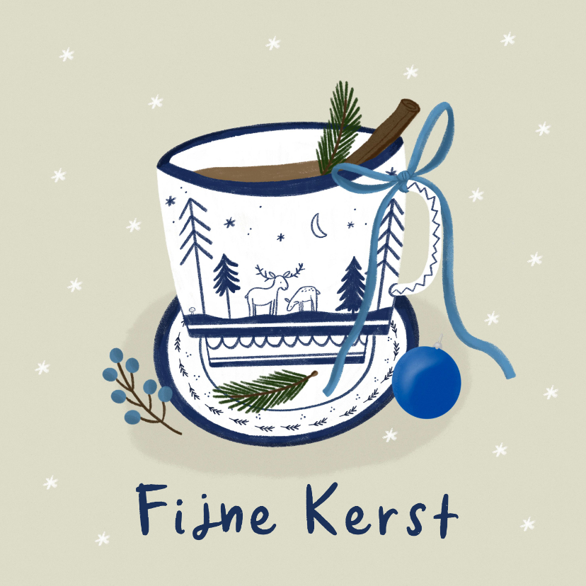 Kerstkaart kopje delfts blauw hertjes strik kerstbal - Kerstkaarten Kerstkaarten - Kerstkaart kopje delfts blauw hertjes strik kerstbal