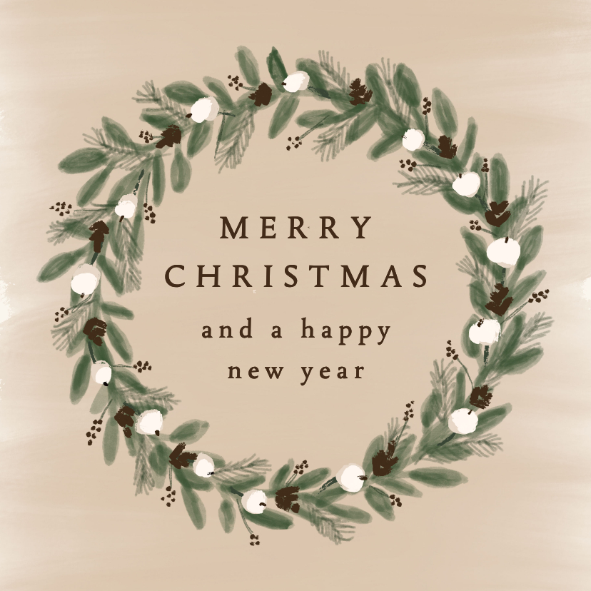 Kerstkaarten - Kerstkaart krans bruin beige