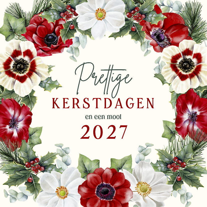 Kerstkaart krans van anemoontjes en dennentakken - Kerstkaarten Kerstkaarten - Kerstkaart krans van anemoontjes en dennentakken