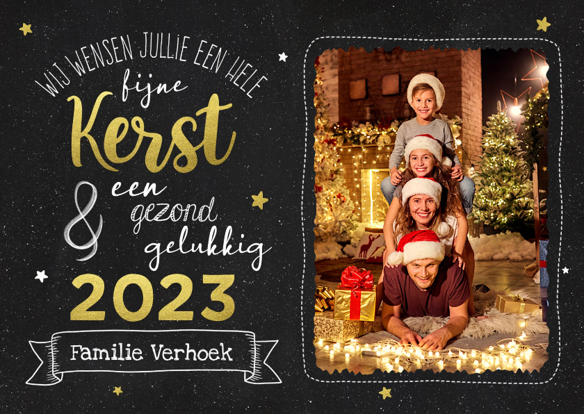 Kerstkaart krijtbord met goudlook en foto Kaartje2go