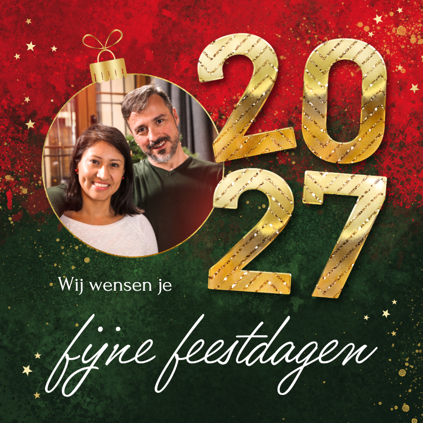 Kerstkaart kunst verf rood groen kerstbal foto 2027 goud - Kerstkaarten Kerstkaarten - Kerstkaart kunst verf rood groen kerstbal foto 2027 goud